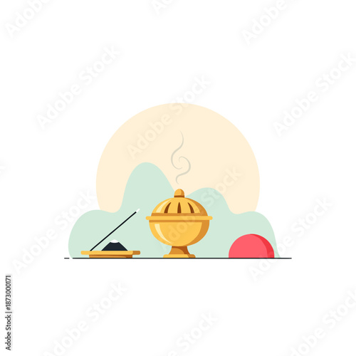 Golden incense burner with smoke and aromatic powder on table  