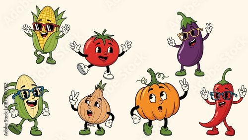 Funny Cartoon Vegetables with Sunglasses Dancing and Waving