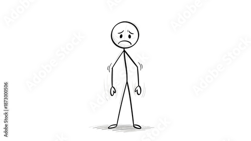 Sad and Worried Stick Figure Standing, Feeling Anxious, Isolated White Background