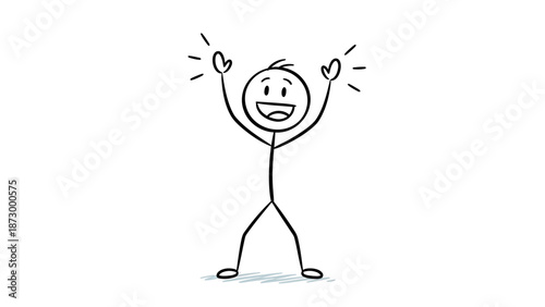 Ecstatic stickman cheering happily with arms raised in celebration on an isolated white background.
