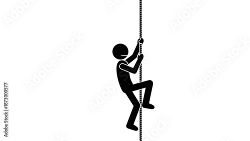 Determined stickman climbing a rope with great effort and perseverance on an isolated white background.