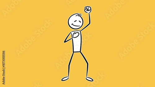 Happy stickman cheering and celebrating victory with a raised fist on a solid yellow background.