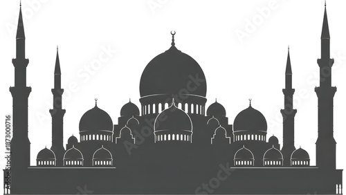Minimalist vector mosque silhouette with many domes and minarets