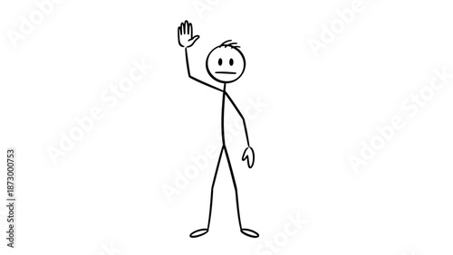 Stick Figure Man Waving Hand Expressing Hesitation or Goodbye on Isolated White Background