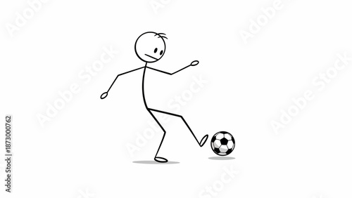Stick Figure Man Playing Soccer, Kicking Football on Isolated White Background