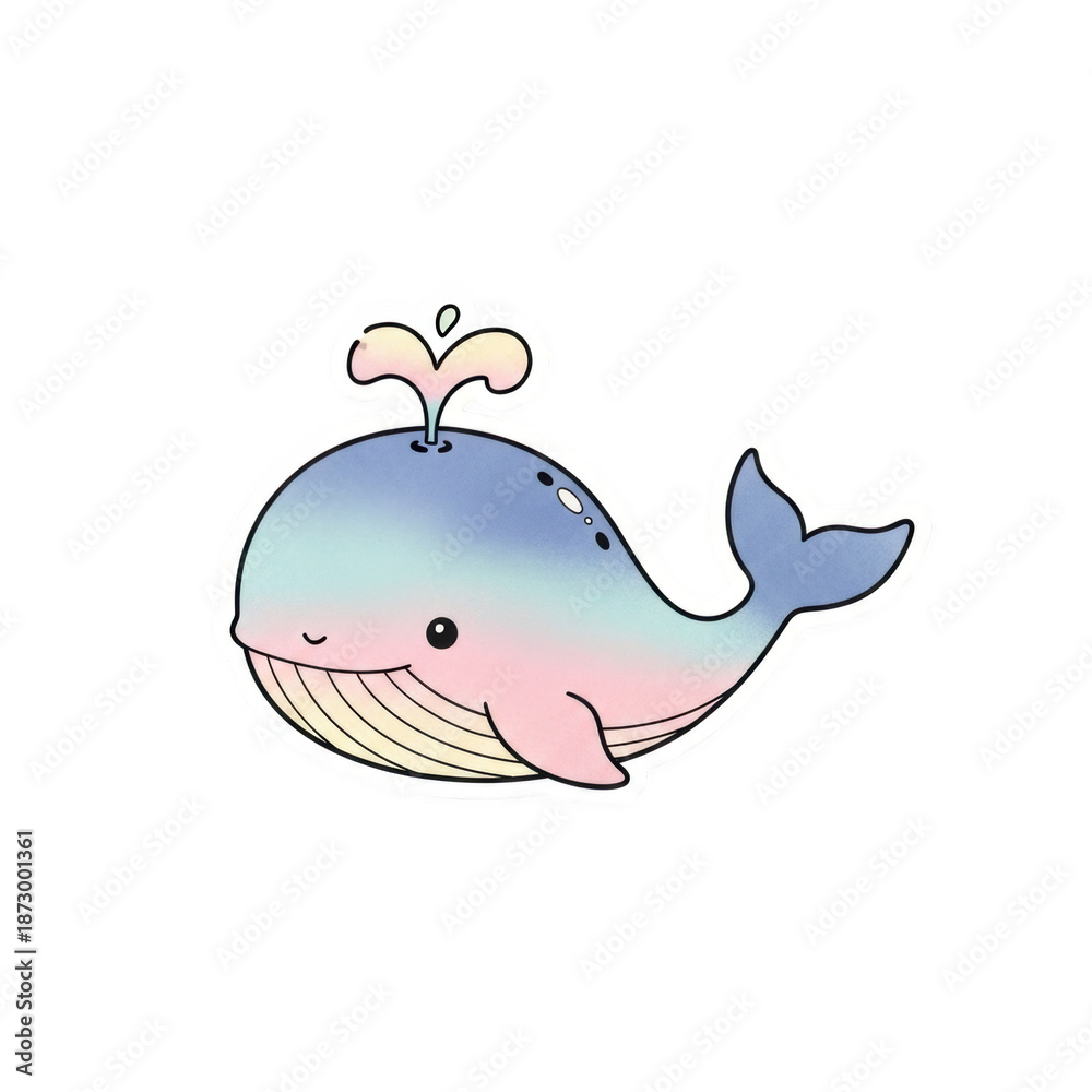 Obraz premium Cute cartoon whale with pastel rainbow gradient spraying water isolated on a transparent background kawaii