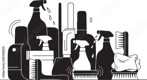 Cleaning supplies and tools in a black and white illustration