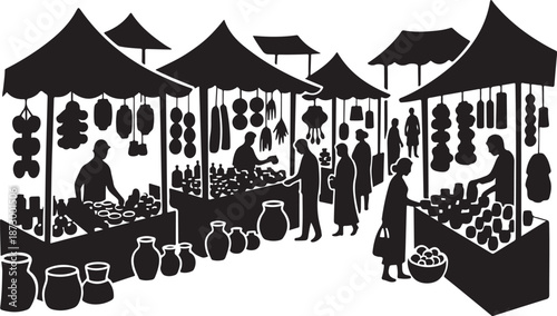 Black and white illustration of a bustling outdoor market scene