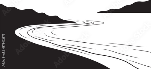 Serene black and white landscape with winding road illustration