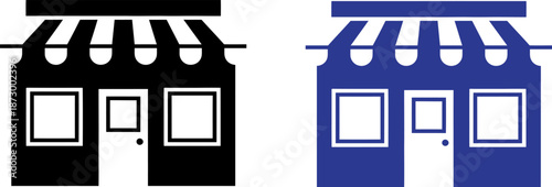 Two modern storefronts with awnings in black and blue for business or retail use