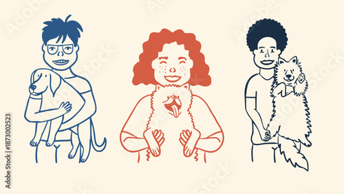 Hand drawn line art collection of diverse pet owners and their dogs. Vector illustrations of happy people holding fluffy puppies and adult dogs.