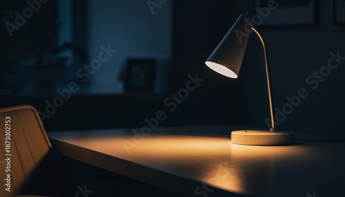 Modern Desk Lamp Illuminating a Wooden Table in a Dimly Lit Room.
