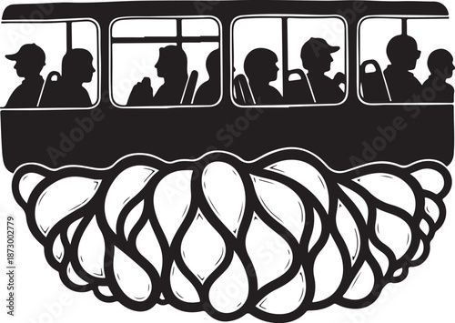 Silhouette of people riding a bus with tangled threads underneath