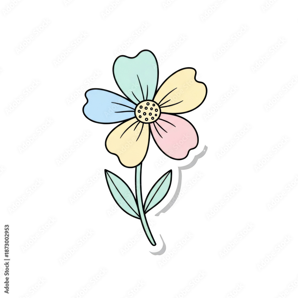 Fototapeta premium Pastel colored flower with yellow center and green stem and leaves isolated on a transparent background