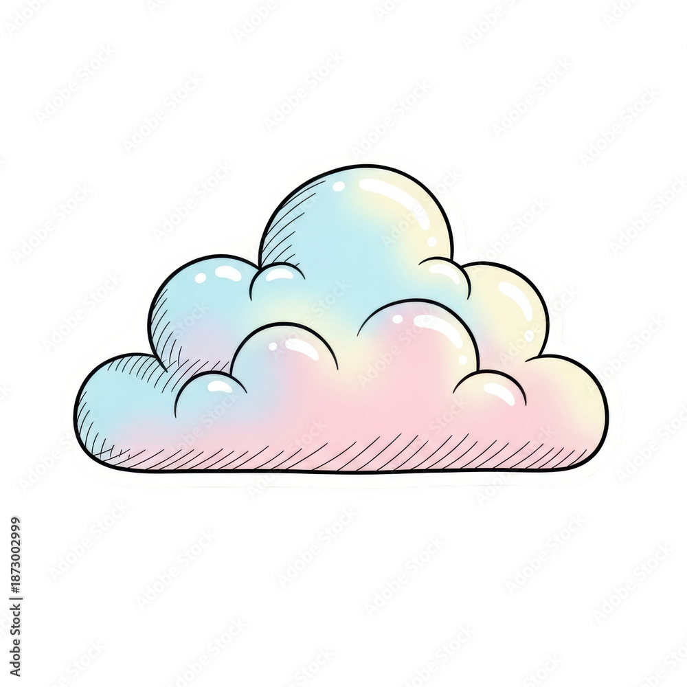 Fototapeta premium Pastel colored fluffy cloud with hand drawn outline and shading isolated on a transparent background