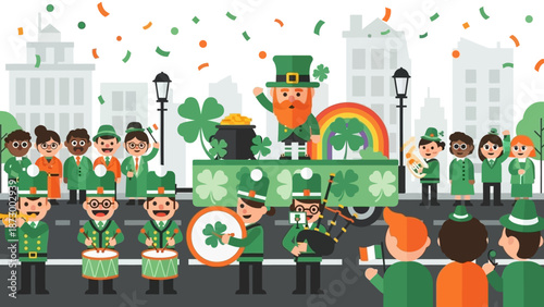 Celebratory Parade with Shamrocks and Leprechaun Float