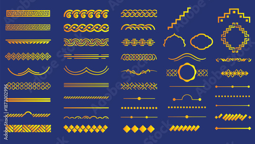 Vibrant collection of ornate golden line patterns and dividers on blue