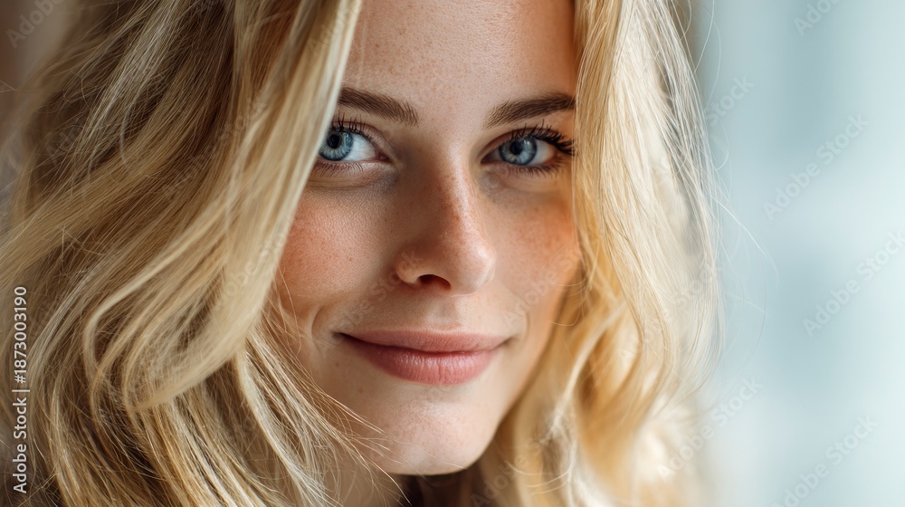 Naklejka premium A close-up portrait shows a fair-skinned woman with striking blue eyes, freckles, and light blonde, wavy hair, smiling softly