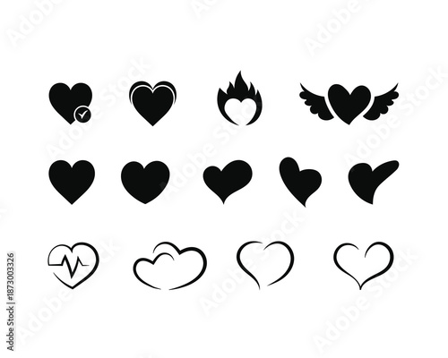 A modern love icon set featuring symbols of hearts, romance, affection, and relationships. Perfect for Valentine's Day, wedding design, branding, logos, stickers, UI/UX design, mobile apps, websites, 