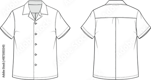 Men short sleeve camp collar shirt technical fashion illustration, front and back view, casual summer apparel design template, cad drawing flat vector