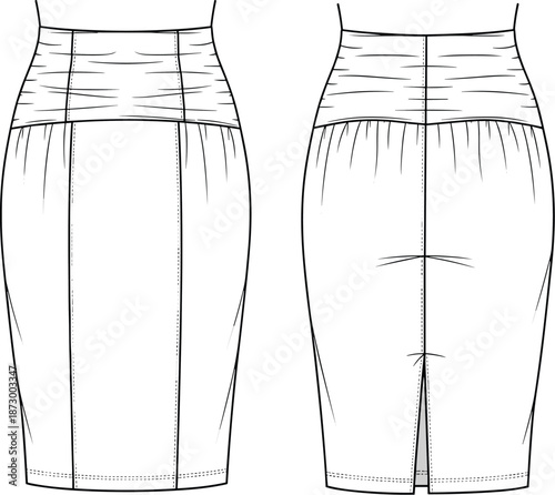 Women pencil skirt technical fashion illustration, front and back view, fitted apparel design template, office wear garment, cad drawing flat vector
