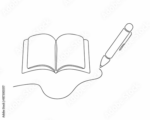 continuous line pen and book with illustration white background