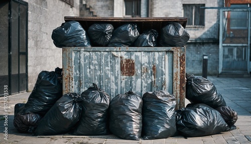 Overflowing Dumpster Filled With Black Trash Bags on City Street.