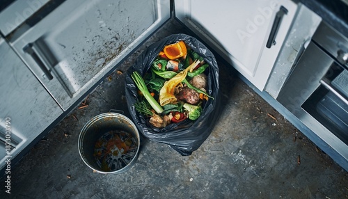 Overhead view of food waste in a black garbage bag next to a kitchen sink.