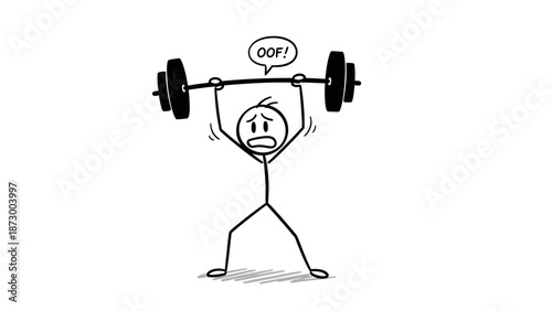 Exhausted Stick Figure Character Struggling to Lift Heavy Barbell with "Oof!" Text on Isolated White Background