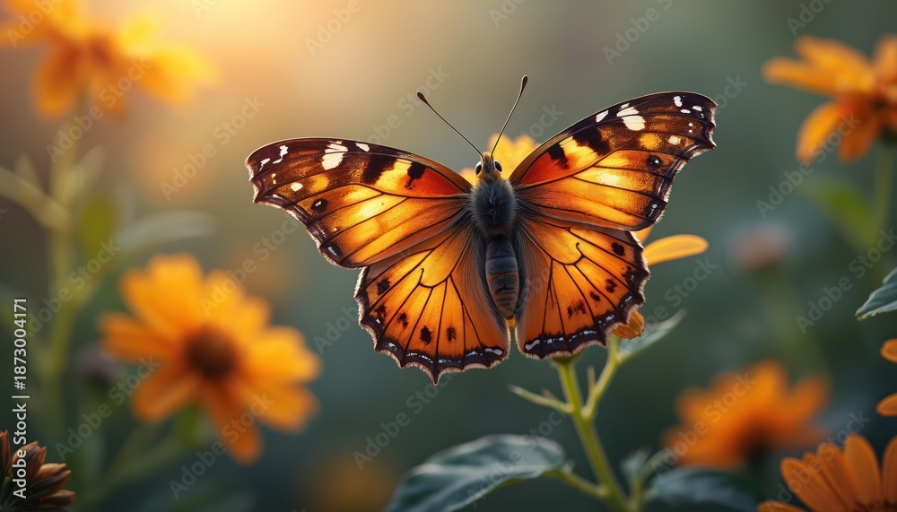 Fototapeta premium Painted lady butterfly sits on flower. Insect feeds on nectar, pollinates blossom. Colorful wings detail shows delicate pattern. Concept of beauty nature, metamorphosis, growth, rebirth, transience,