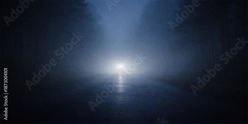 Blue light rays backdrop in the night sky with mist and dark clouds