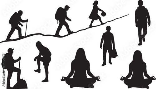 Black silhouettes of people hiking and meditating in nature outdoors