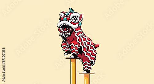 Vibrant Chinese Lion Dance Performer on Stilts.
