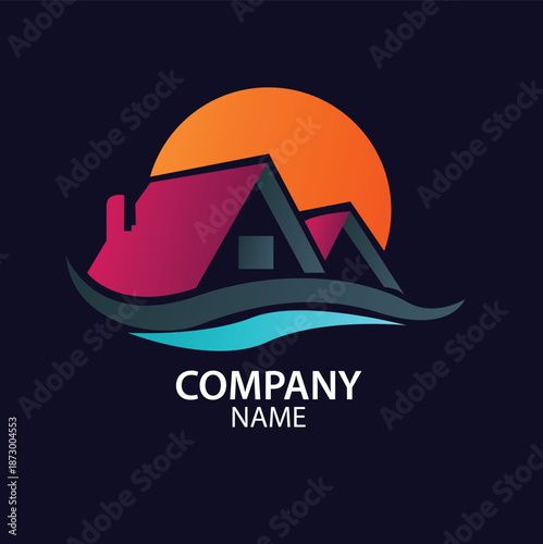 Real estate logo featuring houses with a vibrant sunset and abstract wave, symbolizing home and tranquility