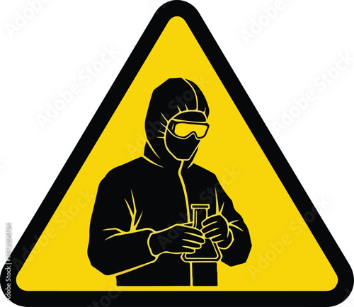 Man in hazmat suit holding beaker.