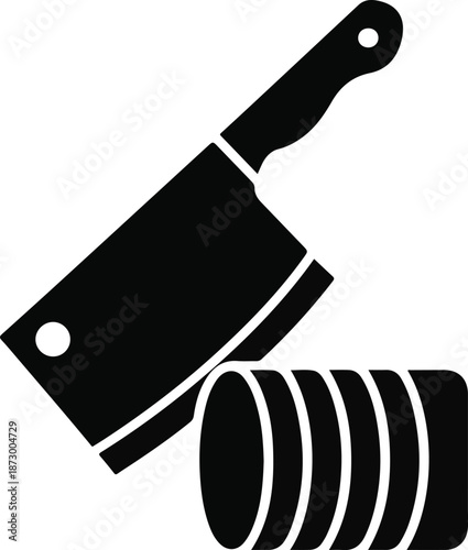 Cleaver and sliced meat on white background Keywords: cleaver, meat, slicing, food, cooking