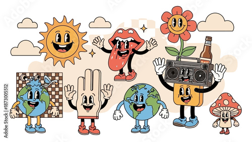 Groovy Retro Cartoon Characters: Sun, Lips, Earth, and Mushroom Friends