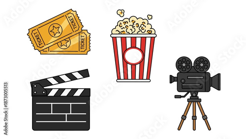 Collection of flat vector icons related to cinema and movie watching, including tickets, popcorn