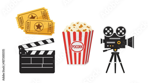Cinema Entertainment Icons: Popcorn, Tickets, Movie Camera and Clapperboard
