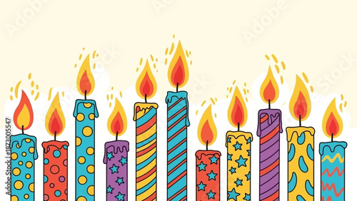 Festive Birthday Candles with Colorful Patterns and Flickering Flames Background