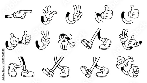 Retro Cartoon Hands and Feet Gestures Collection, Vintage Style Vector Art