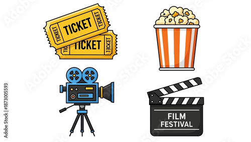 Collection of cinematic icons: film reel, movie tickets, popcorn and clapperboard