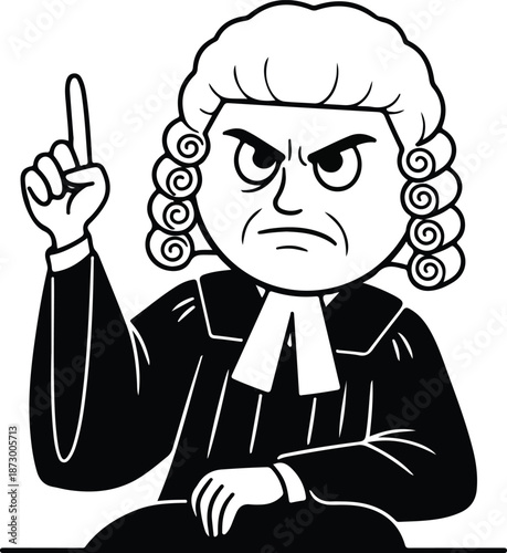 Angry judge pointing finger in court.
