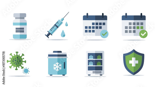 Vaccination Icons: Syringe, Vaccine Vial, Calendar, Virus, Fridge, Shield