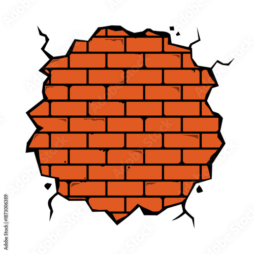 Broken Red Brick Wall Section with Cracks