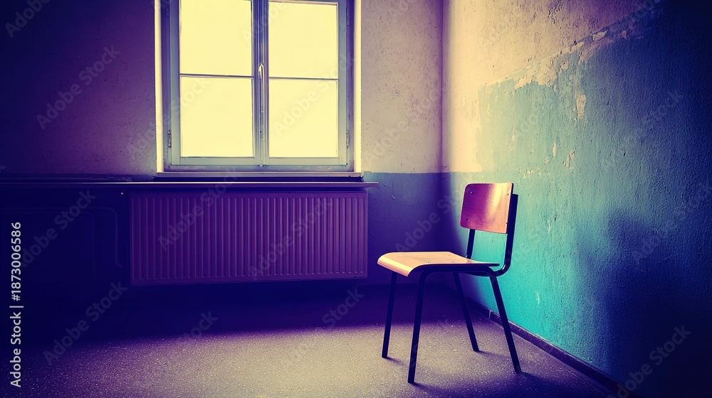 Fototapeta premium melancholy. Single desk in corner of empty classroom with soft natural light. wellbeing guides, coaching materials, designed for mental health education and mindfulness programs.