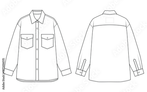 
 oversized shirt Jacket fit button-down design vector template. Front and back v
