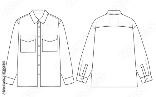 
 oversized shirt Jacket fit button-down design vector template. Front and back v
