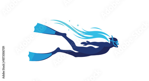 Sleek silhouette of a scuba diver swimming through water with dynamic blue motion trails behind them to show speed and agility in the ocean.