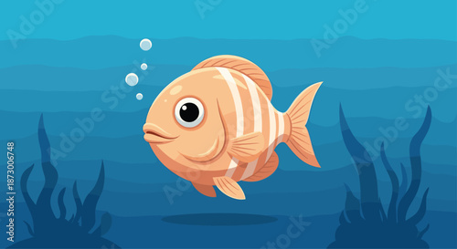 Cute round orange fish with white stripes and a large eye swimming in a deep blue underwater environment with sea plants and bubbles.